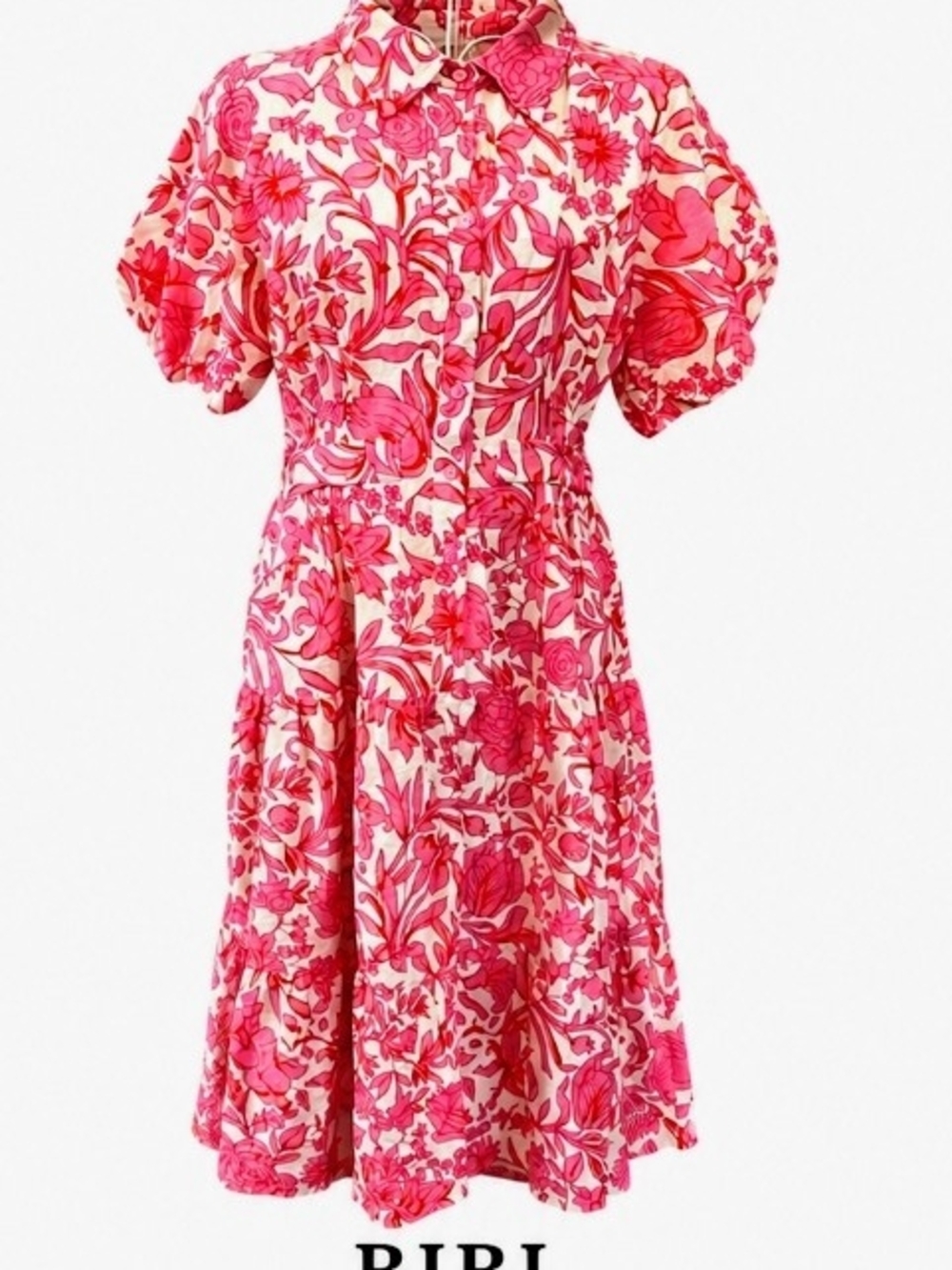 BiBi Pink Floral Puff-Sleeve Midi Dress